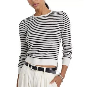 ALEX MILL Ava Crewneck Slim Fit Sweater Stripe Wool Medium Ivory Black